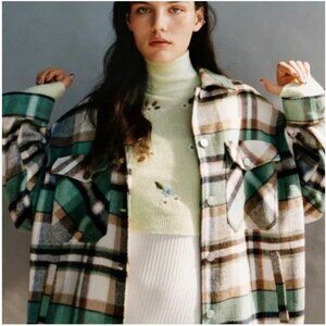 Zara Embroidered Floral Cropped Turtleneck Sweater Light Green